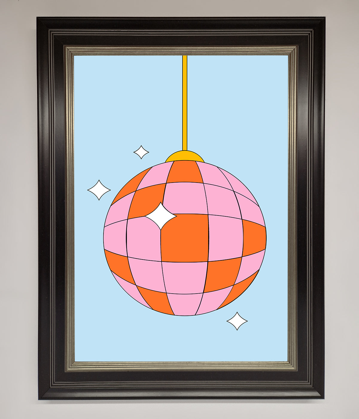 Pink disco ball framed poster with sparkling stars.