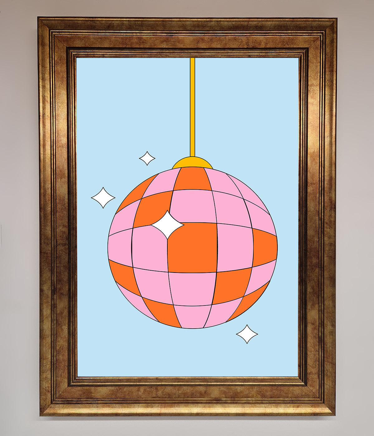 Pink disco ball framed poster with a vintage look.