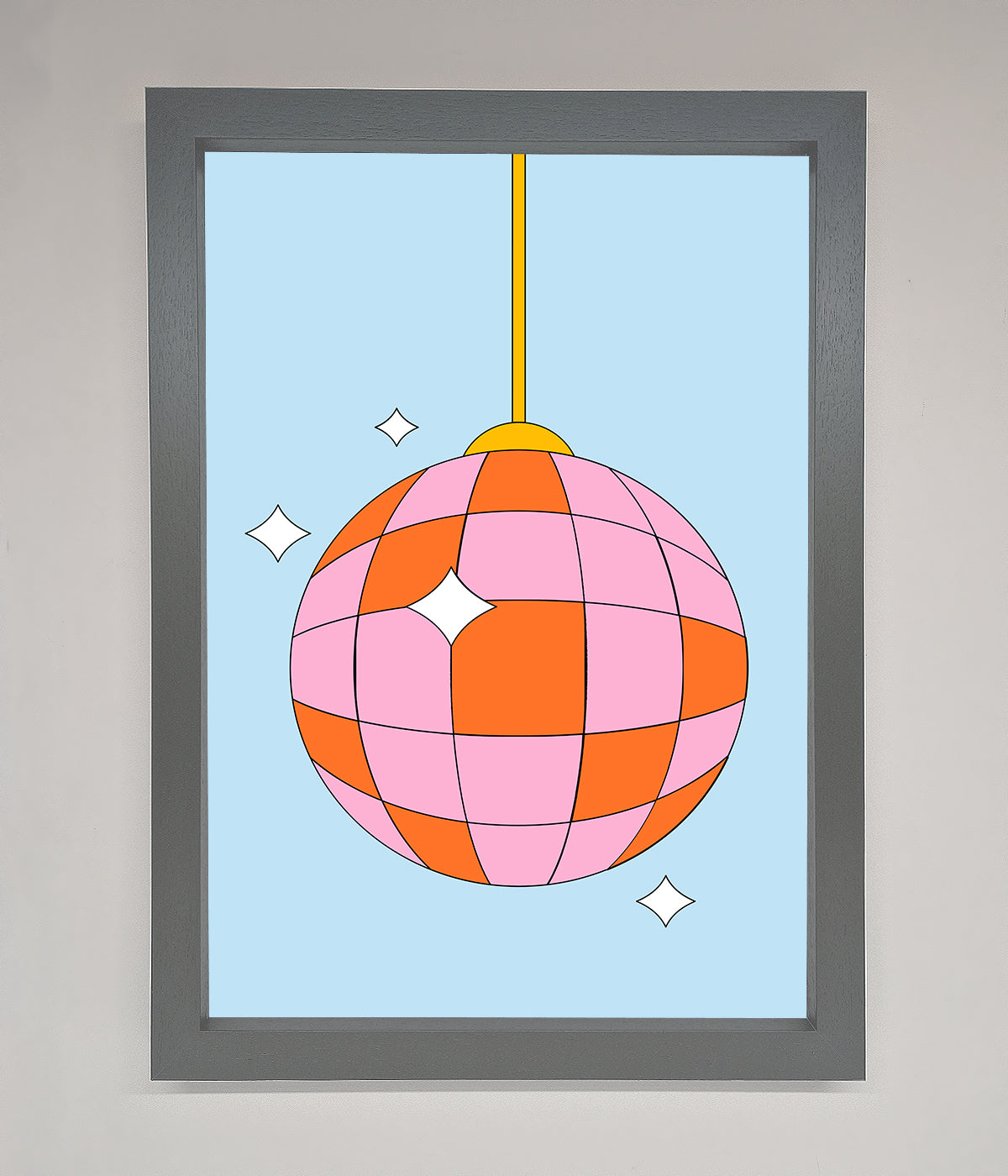 Disco Ball Pink Framed Poster with colorful design.