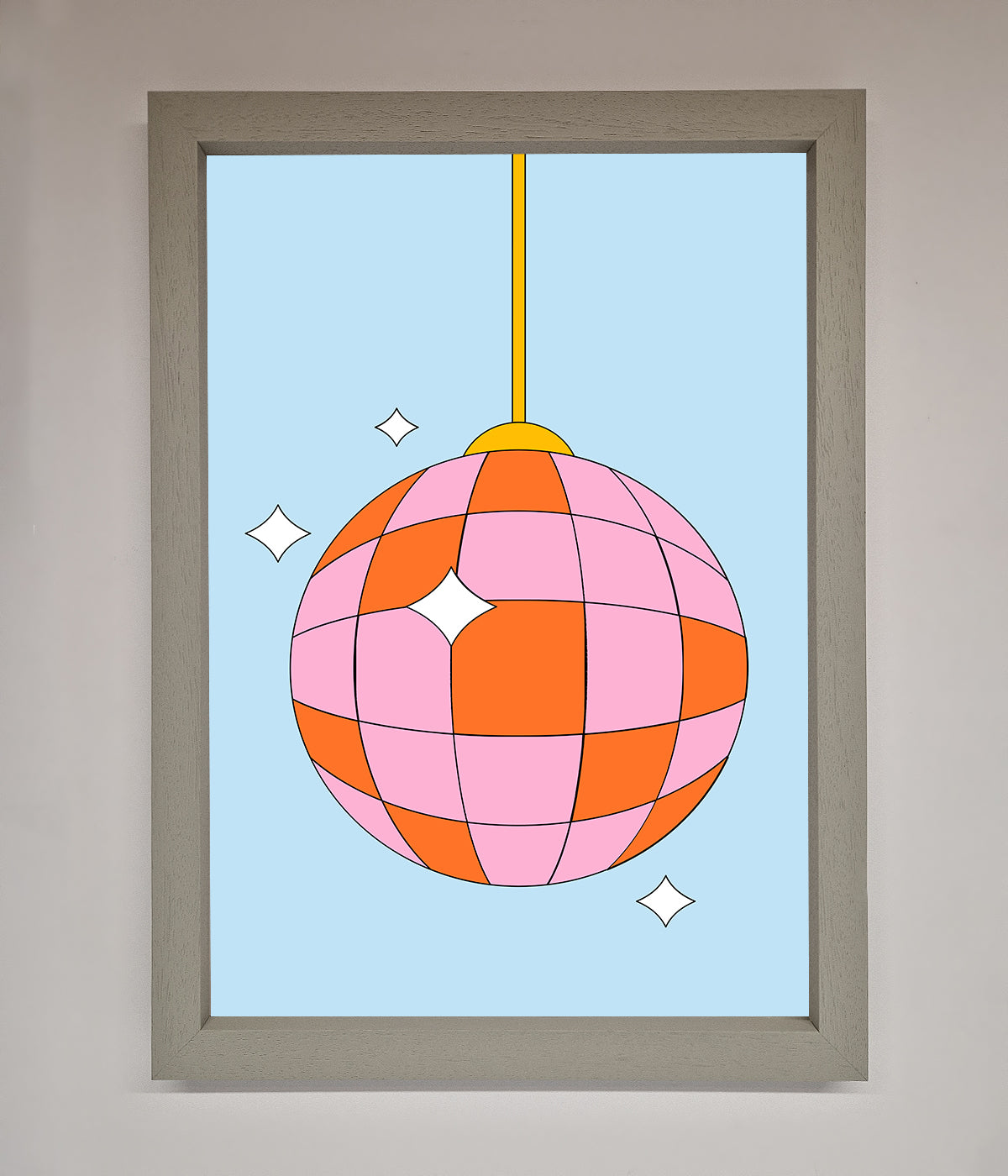 Disco Ball Pink Framed Poster with colorful design.