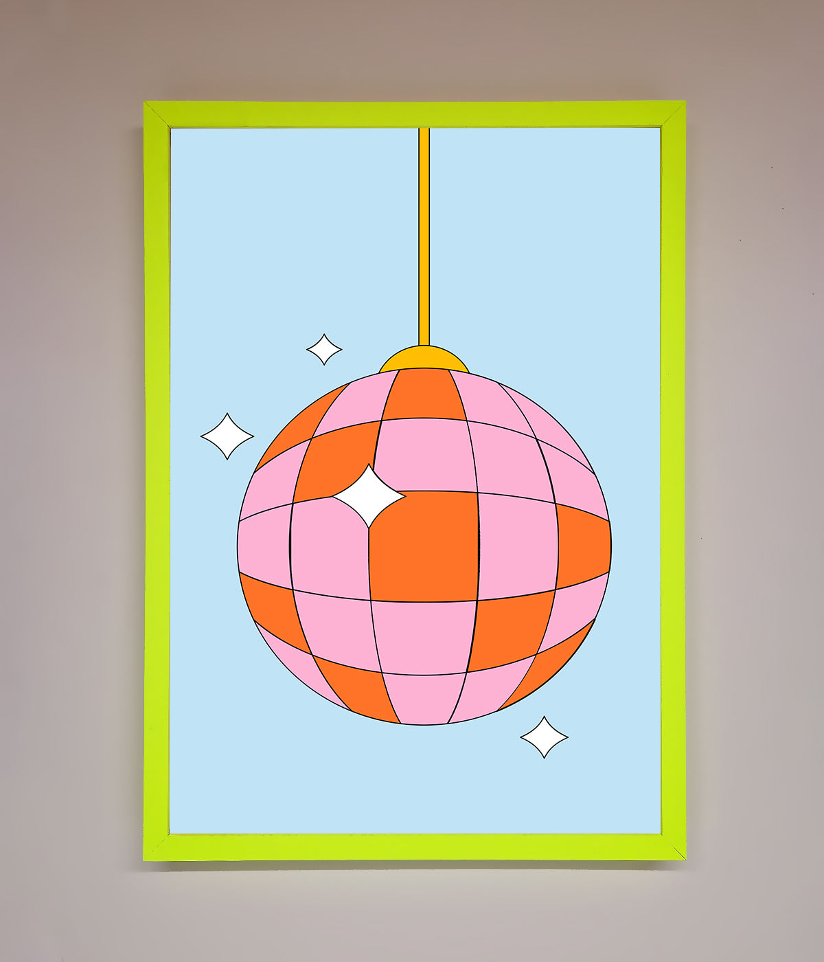 Disco Ball Pink Framed Poster with vibrant colors.