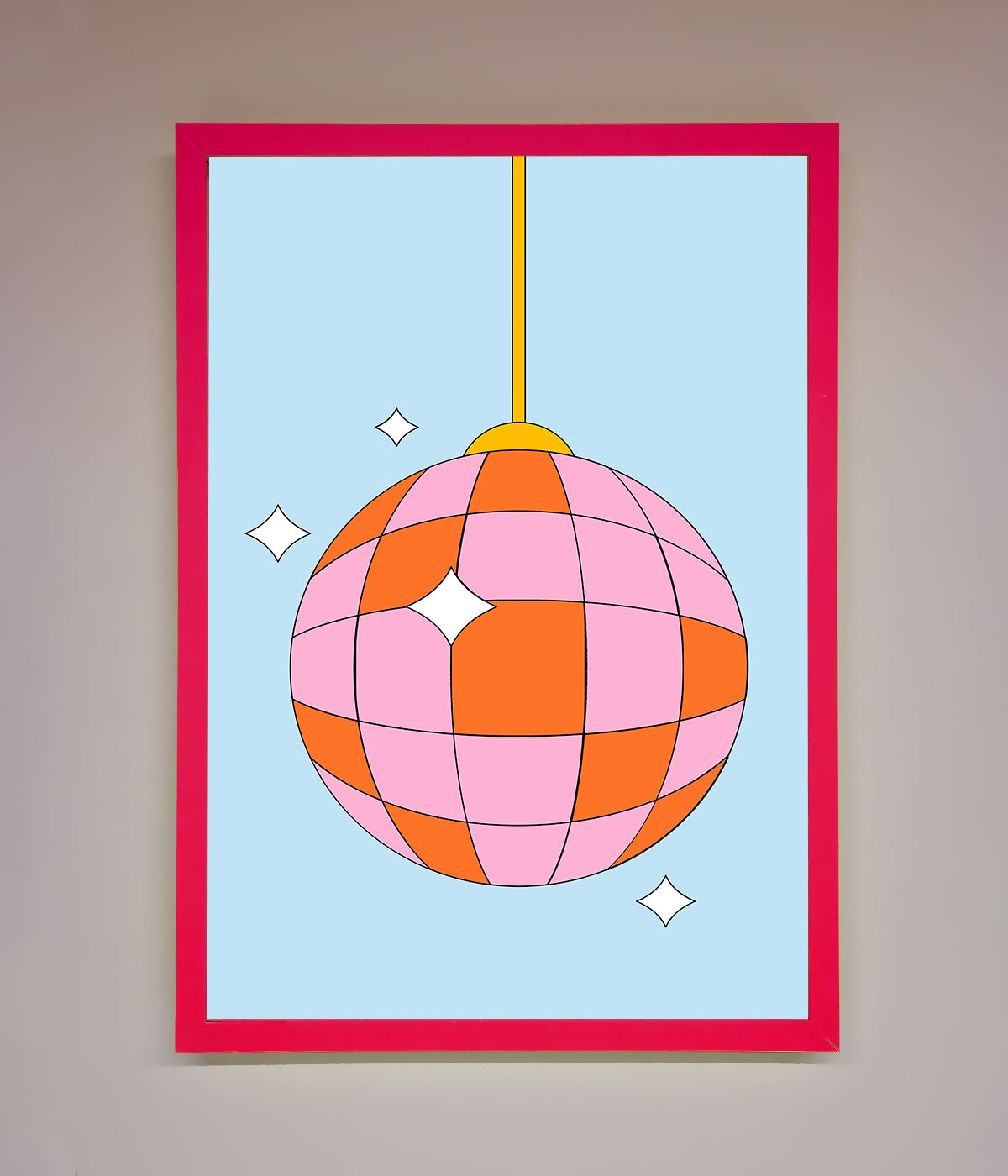 Pink framed poster featuring a colorful disco ball design.