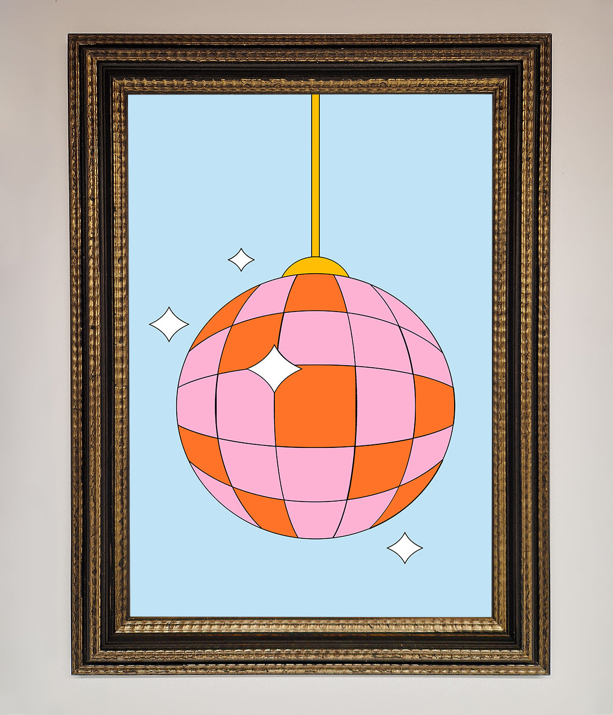 Disco ball pink framed poster with geometric patterns.