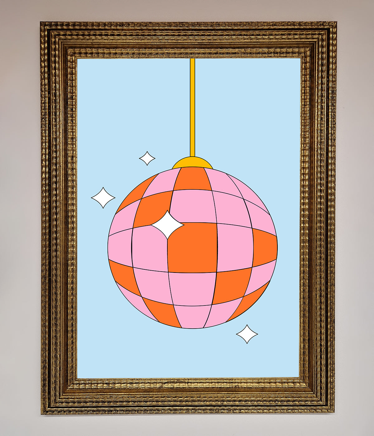 Pink and orange disco ball framed poster.