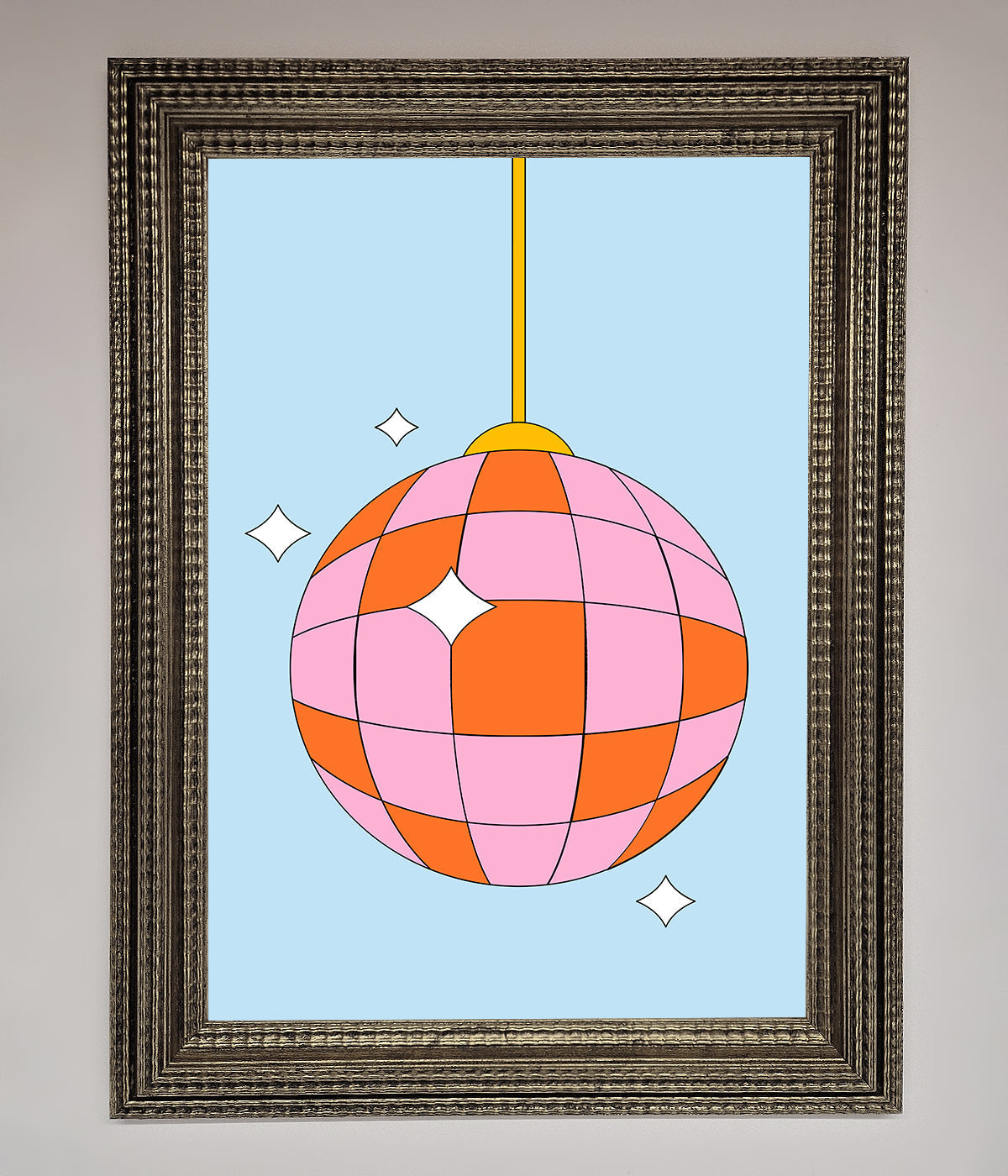 Pink disco ball framed poster with geometric design.