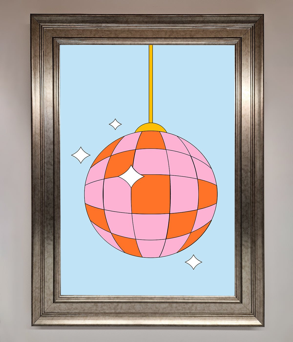 Disco Ball Pink Framed Poster with colorful design.