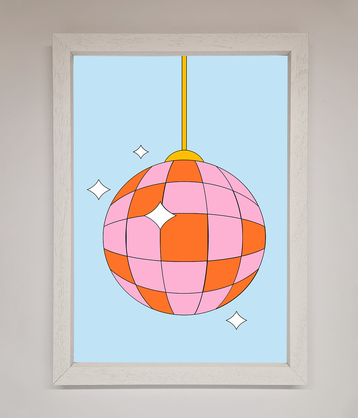 Pink and orange disco ball framed poster.