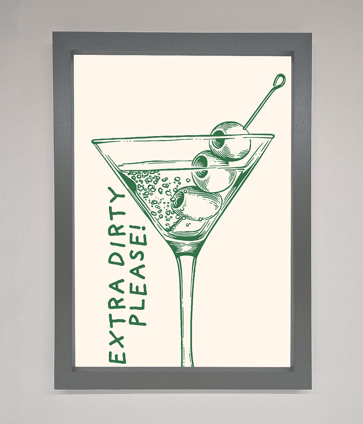 Framed poster featuring "Extra Dirty Please" with martini illustration, ideal for bars or kitchens.