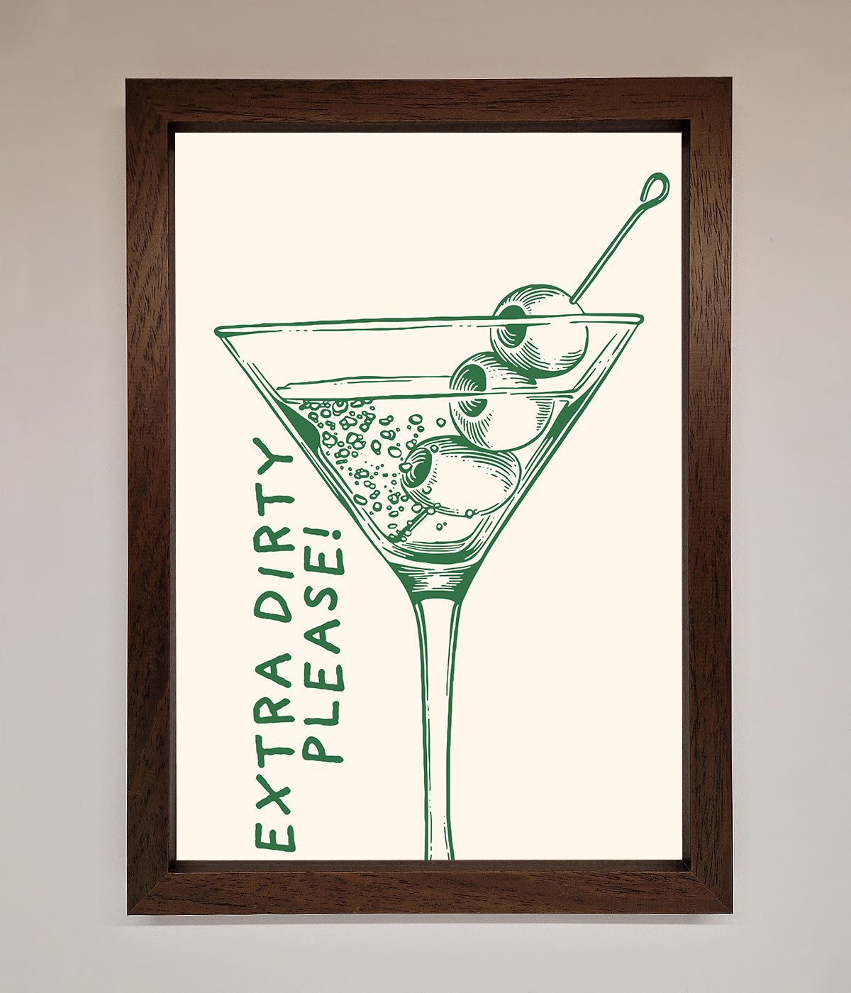 Extra Dirty Please framed cocktail poster with olives illustration.