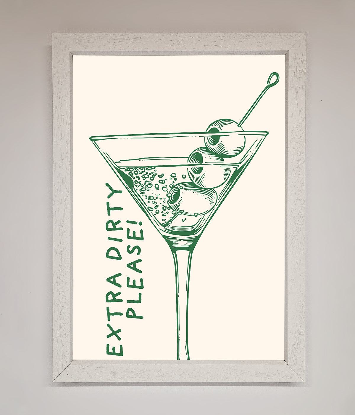 "Extra Dirty Please" framed poster featuring a martini glass with olives, perfect for cocktail enthusiasts.