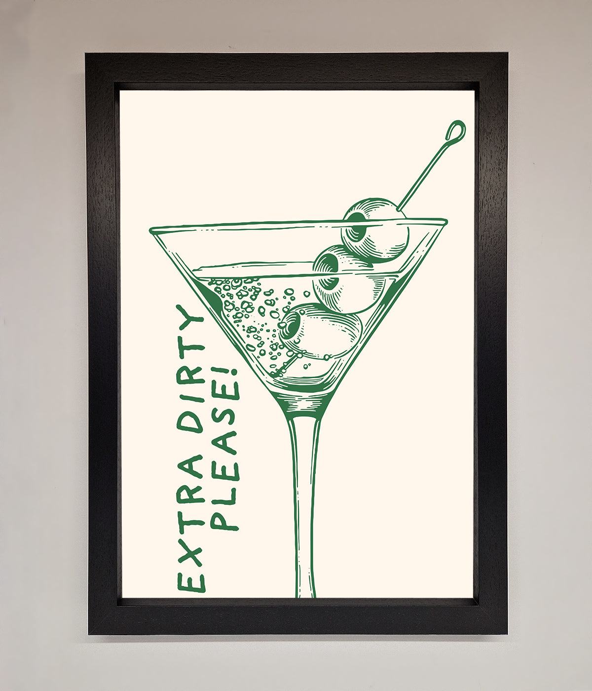 Extra Dirty Please framed poster with cocktail art and black frame.