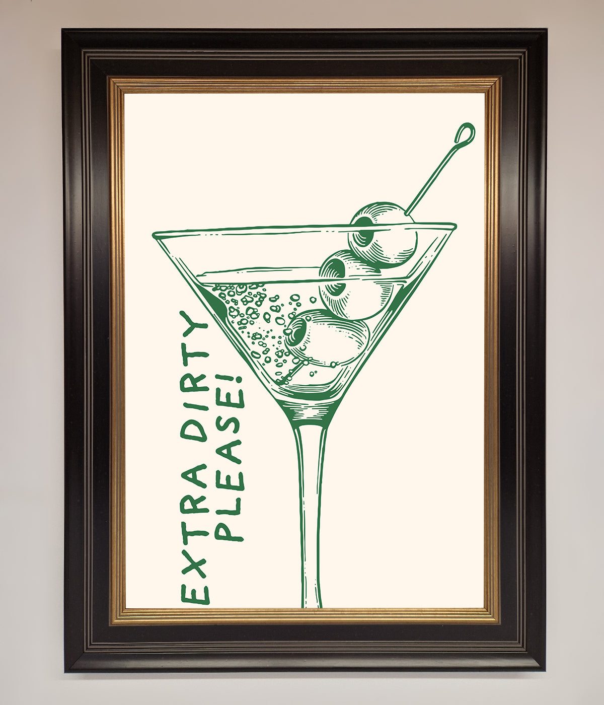 Extra Dirty Please Framed Poster with cocktail illustration, perfect for home bar decor.