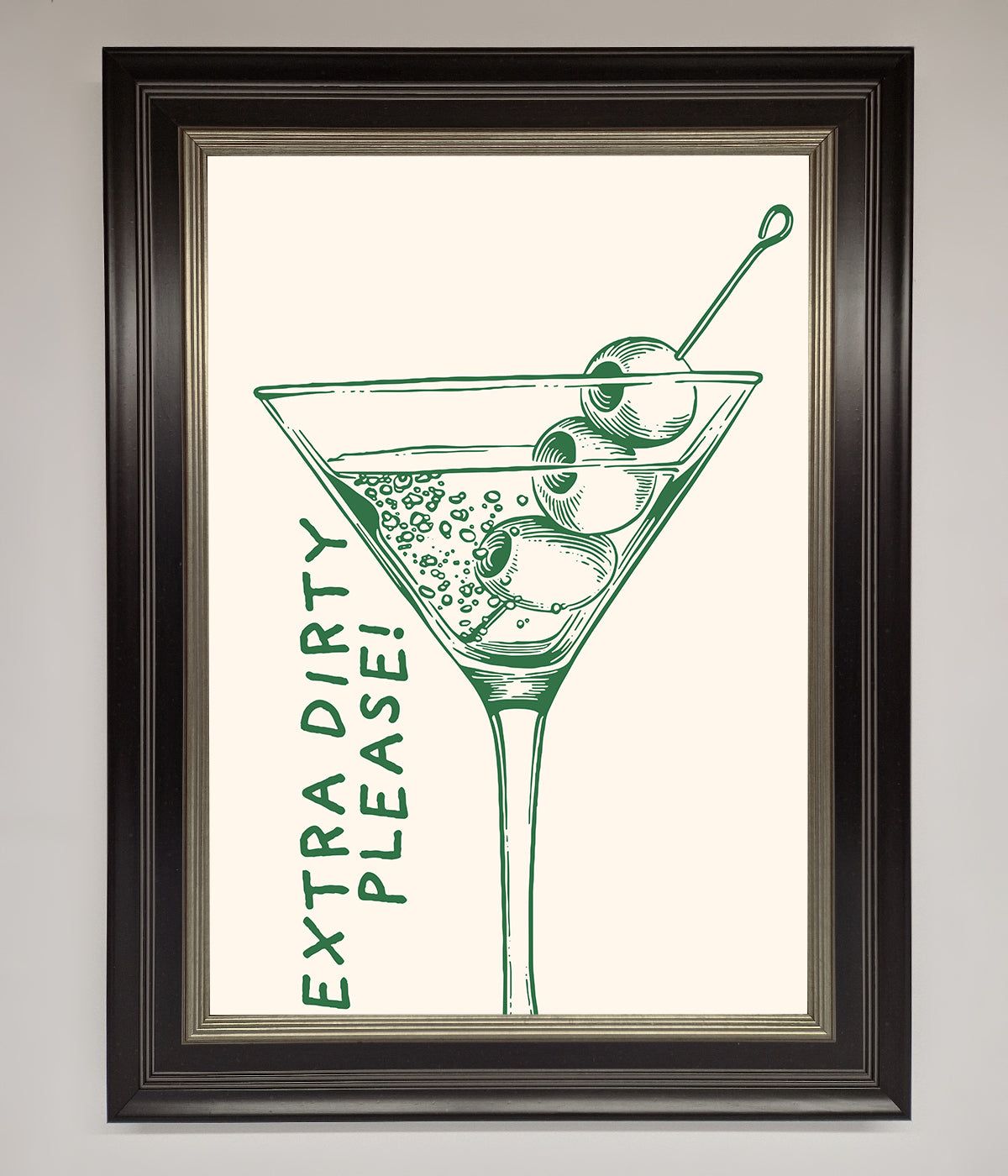 Framed poster with "Extra Dirty Please" cocktail design, perfect for home decor.