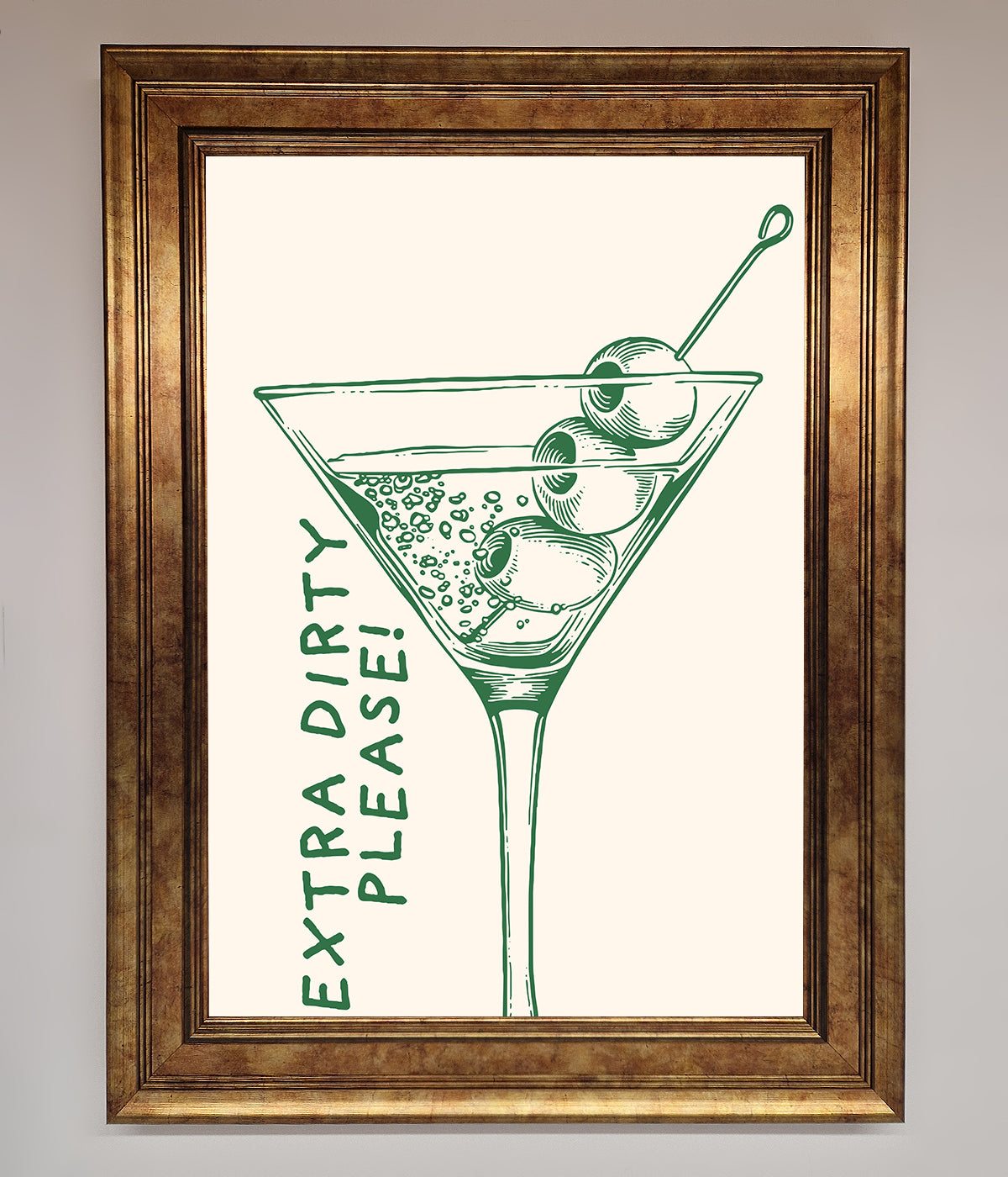 Extra Dirty Please Framed Poster with cocktail glass design, perfect for home bar decor.