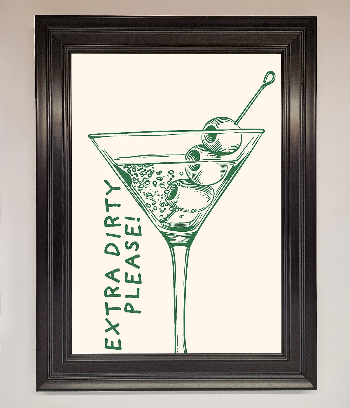 "Extra Dirty Please" framed poster featuring cocktail design, perfect for home bars.