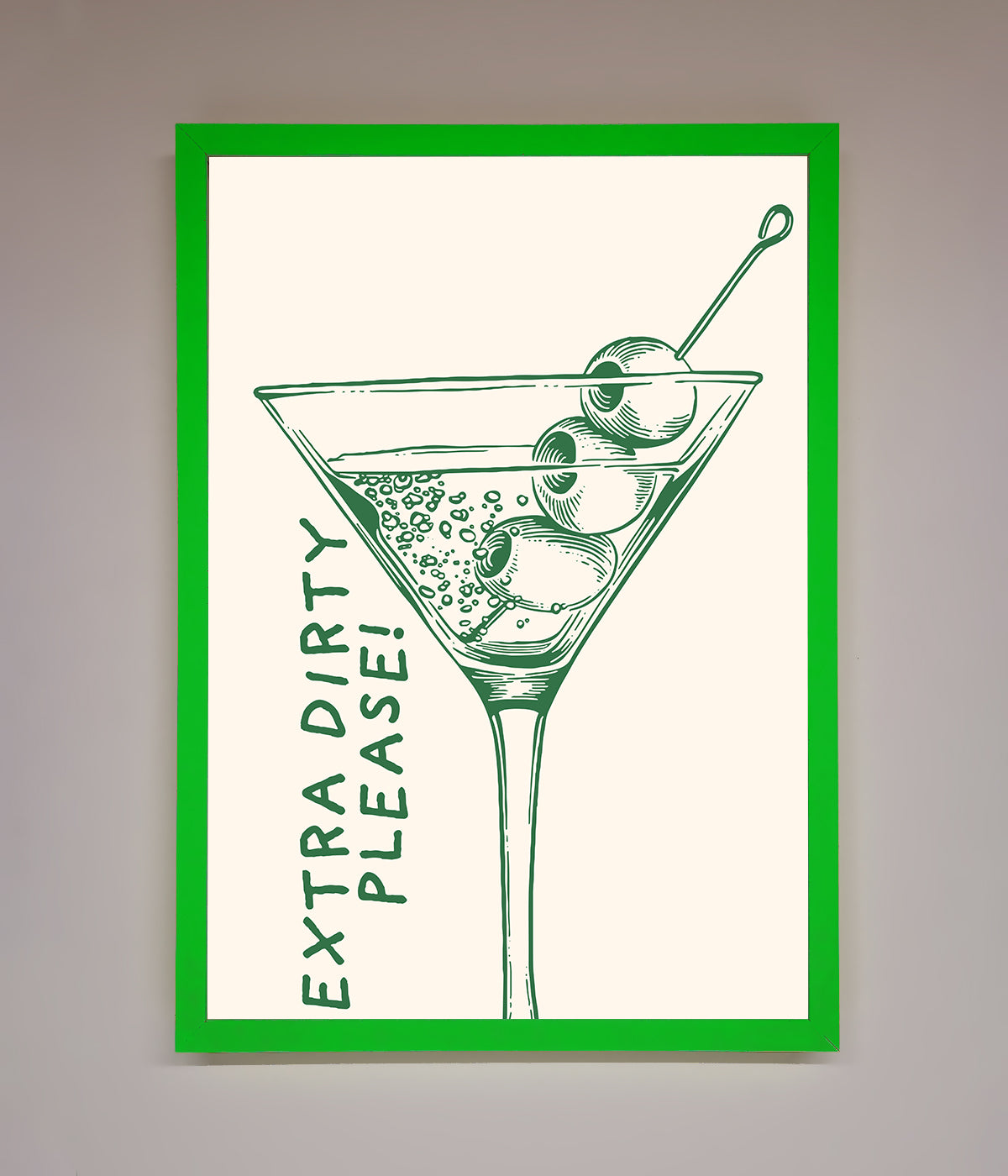 Extra Dirty Please cocktail framed poster for home bars and decor.