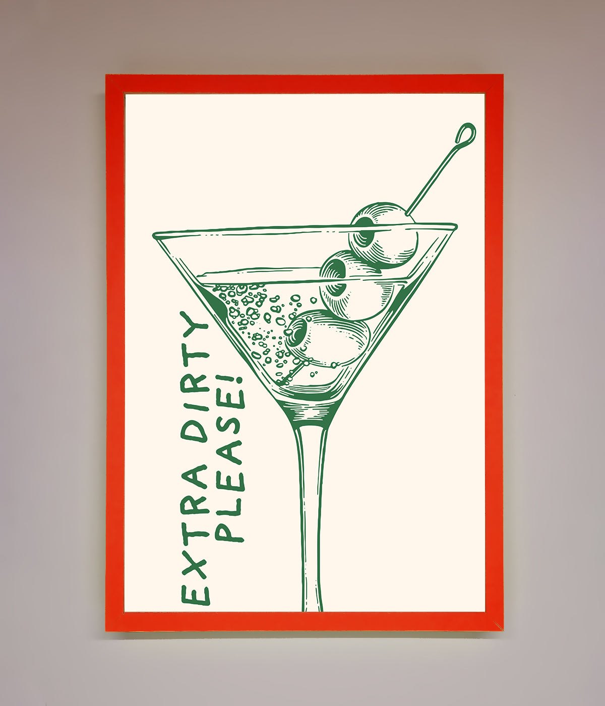 Extra Dirty Please framed poster with cocktail illustration, perfect for home decor.