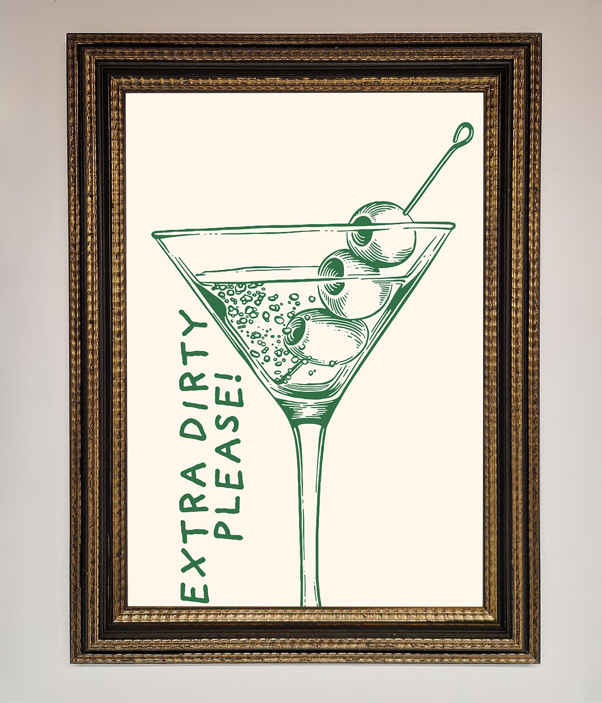 Extra Dirty Please framed poster featuring cocktail illustration, perfect for home bar decor.