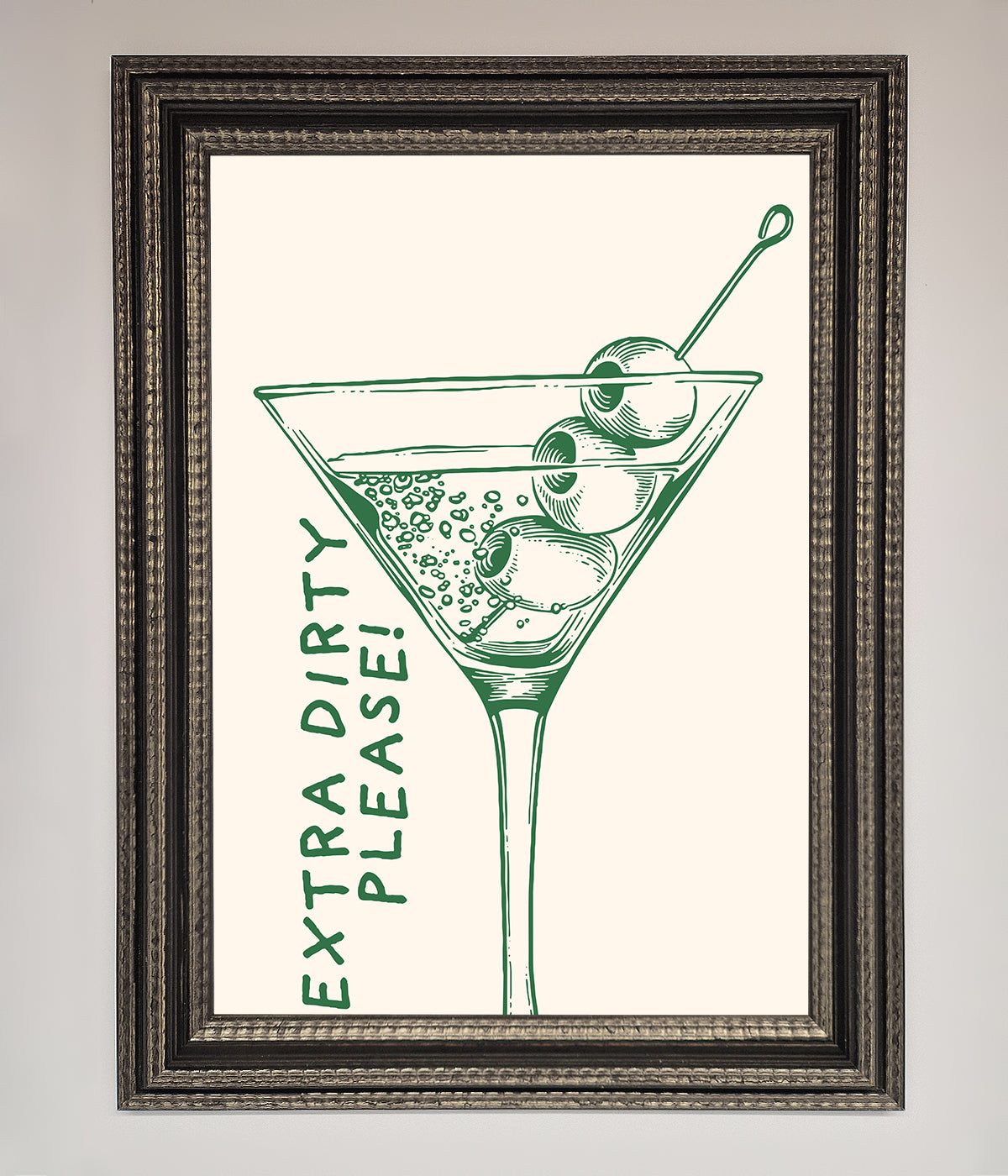 Extra Dirty Please framed cocktail poster with martini glass illustration.