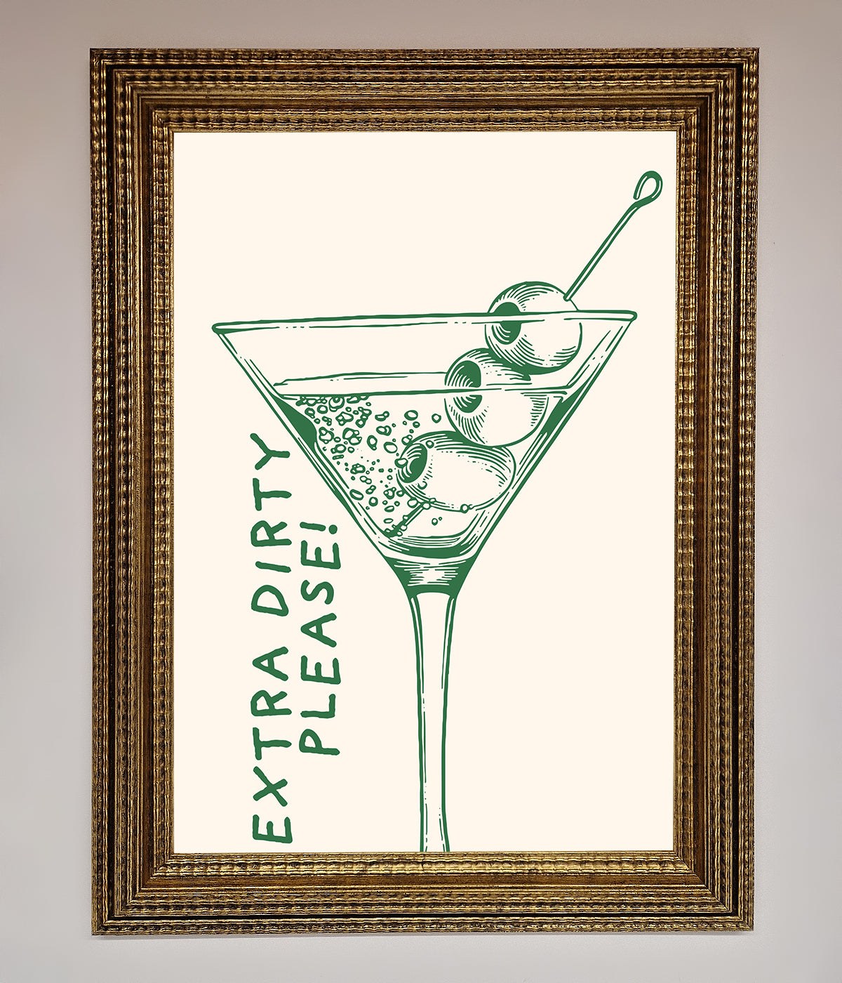 Extra Dirty Please Framed Poster, cocktail culture art for home bars.