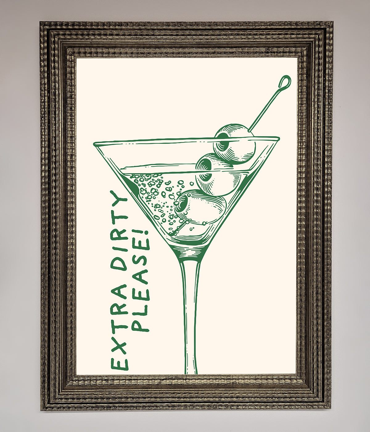 Framed poster with "Extra Dirty Please" text and cocktail illustration.