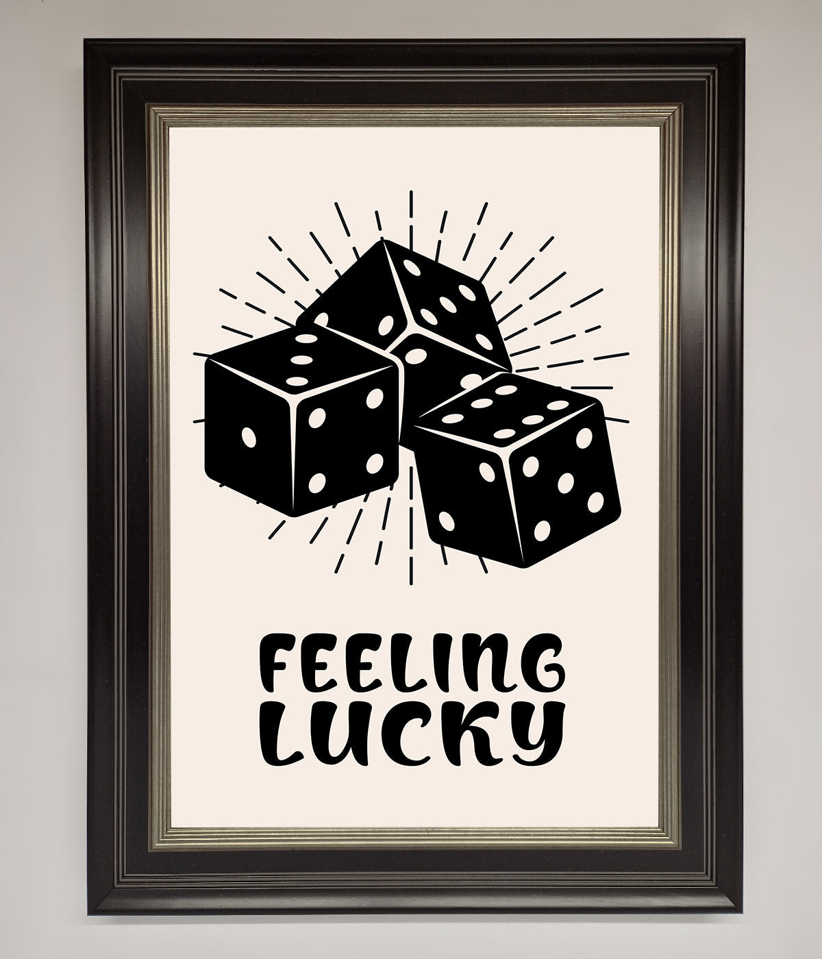 Feeling Lucky framed poster with dice illustration.