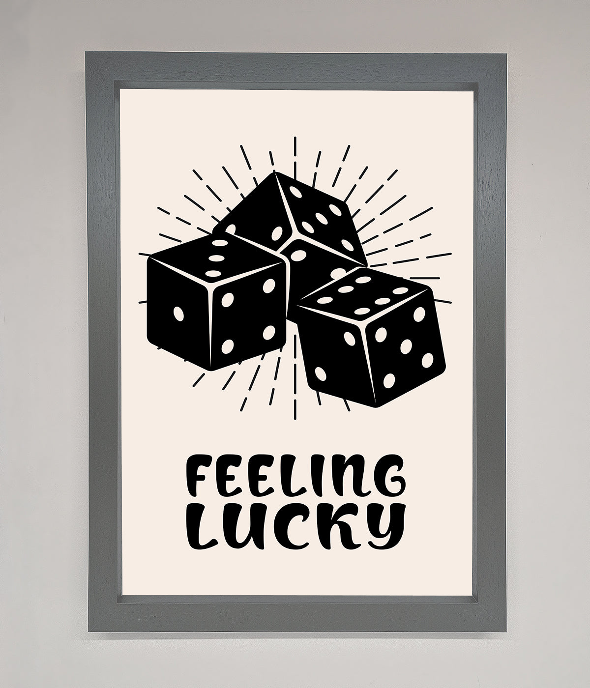 Feeling Lucky framed poster with black dice illustration.