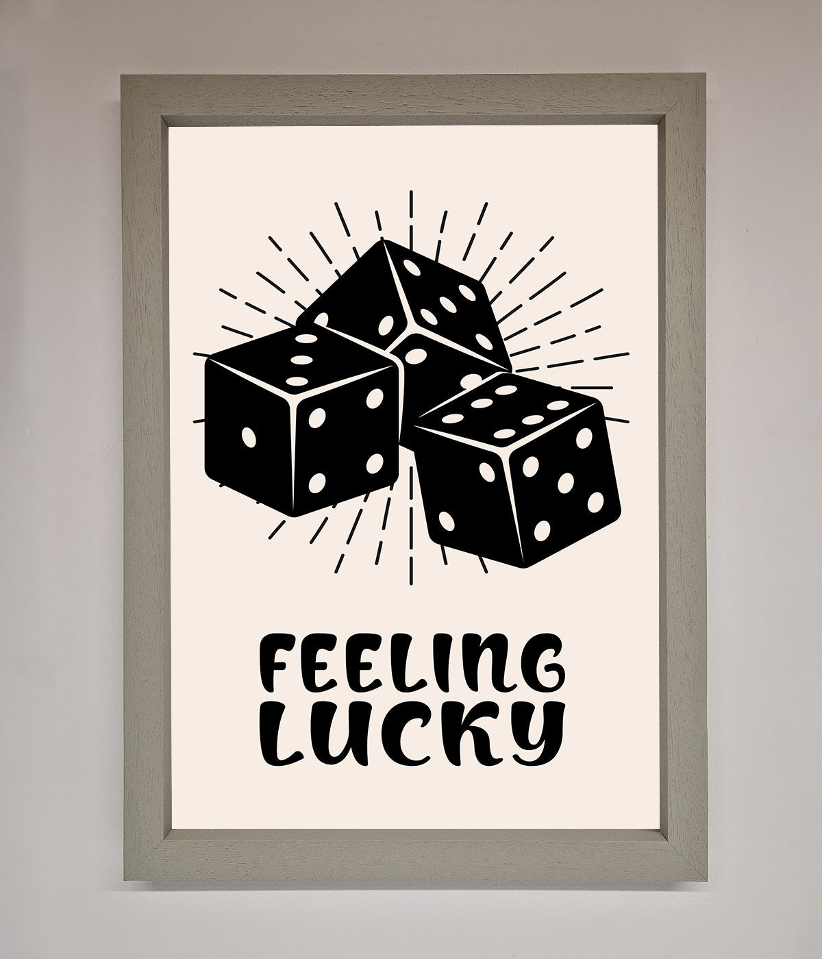 Framed poster with three dice and "Feeling Lucky" text.