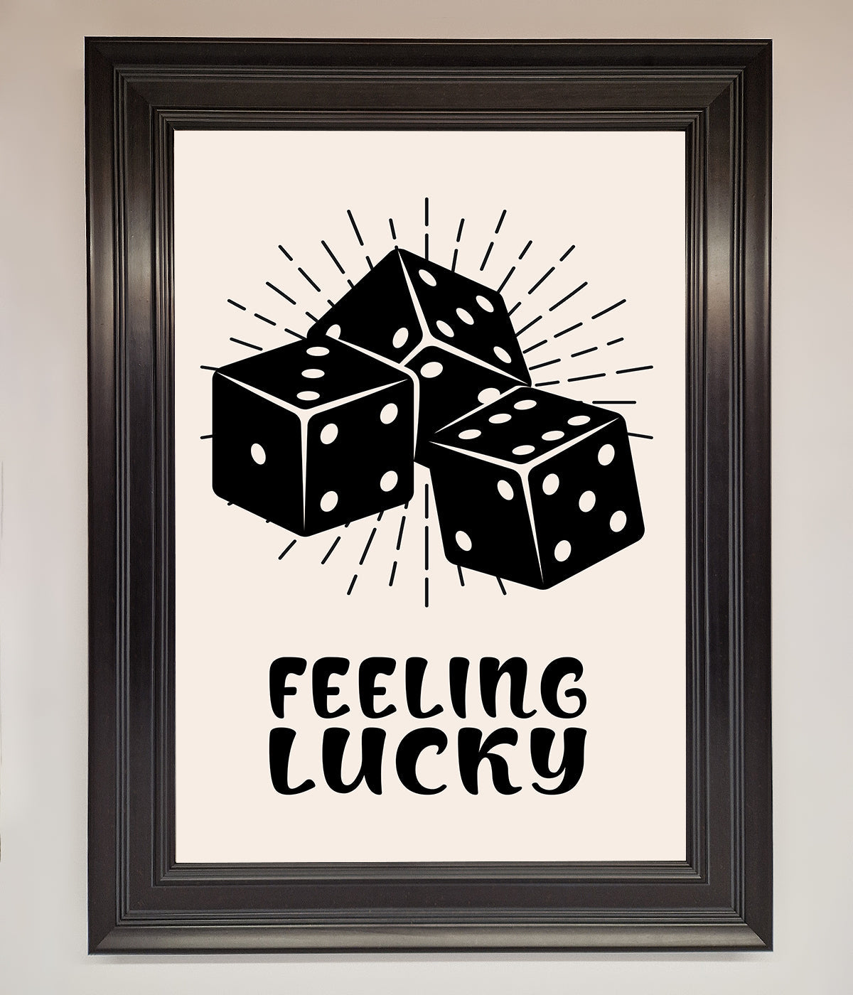 Framed poster with dice design and text "Feeling Lucky".