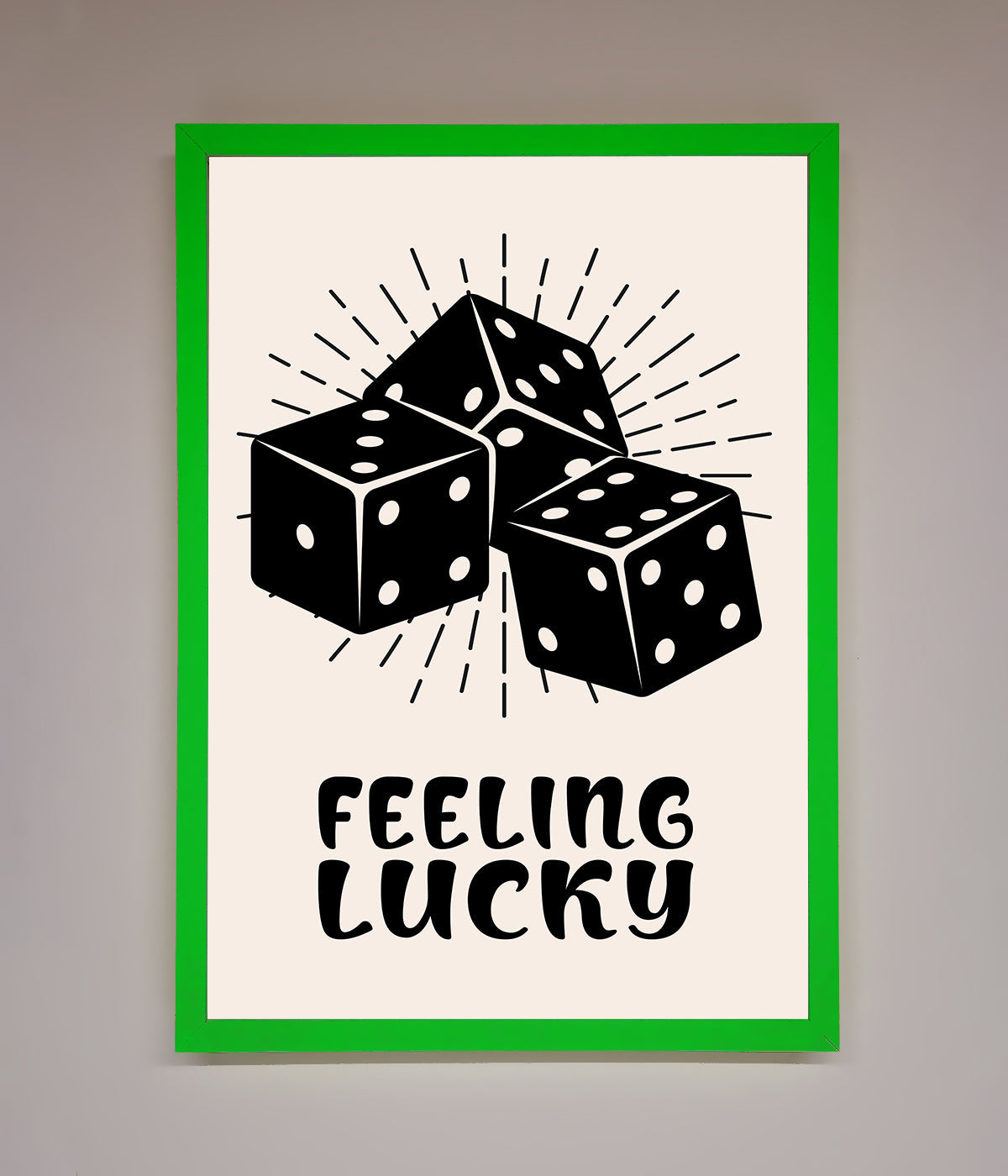 Framed poster with dice and "Feeling Lucky" text.