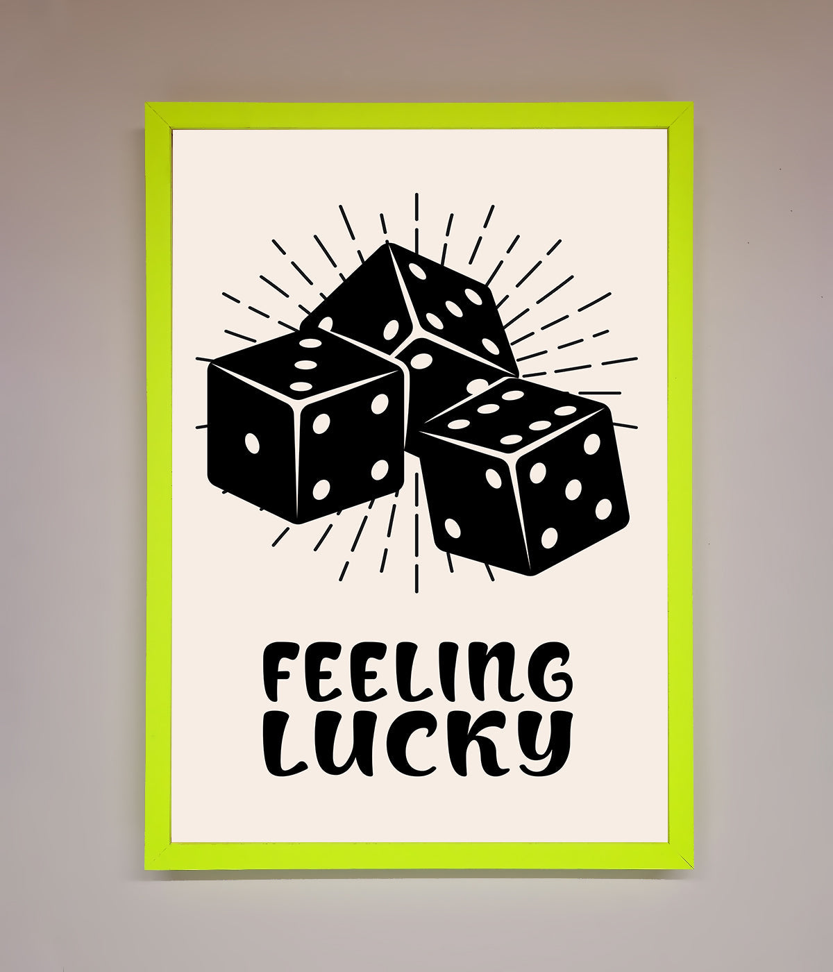 Feeling Lucky Framed Poster with dice illustration and neon green border.