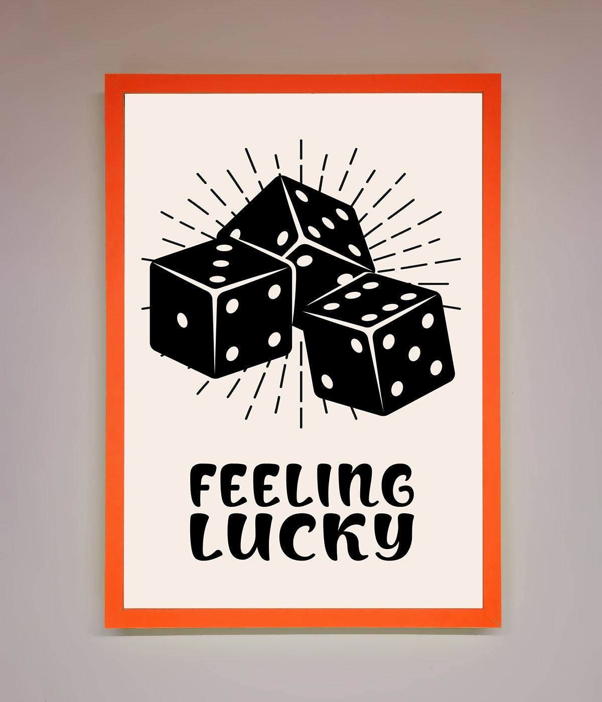 Feeling Lucky framed poster with black dice illustration.