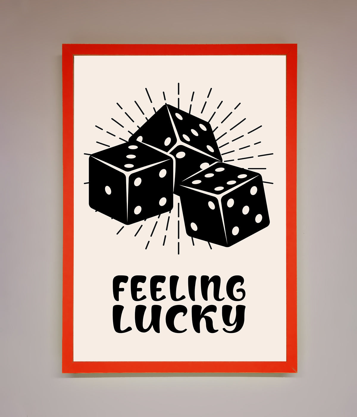 "Feeling Lucky framed poster with graphic dice design."