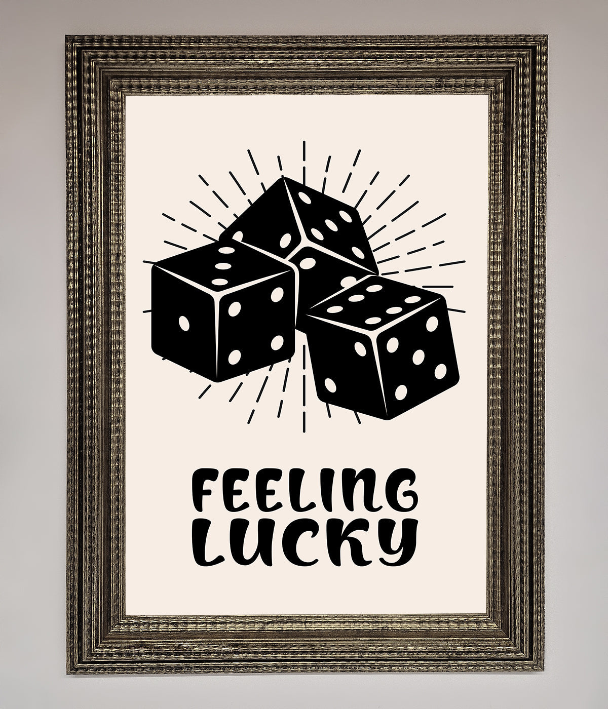 Feeling Lucky framed poster with dice illustration.