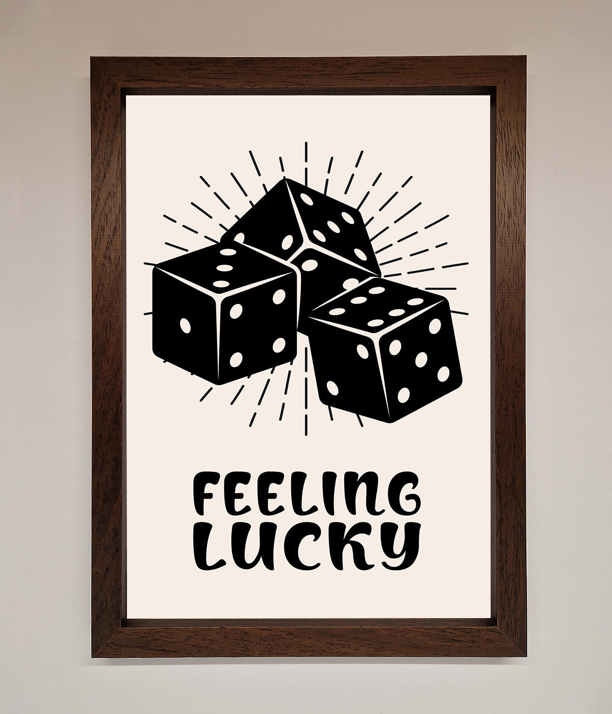 Feeling Lucky framed poster featuring black dice illustration.