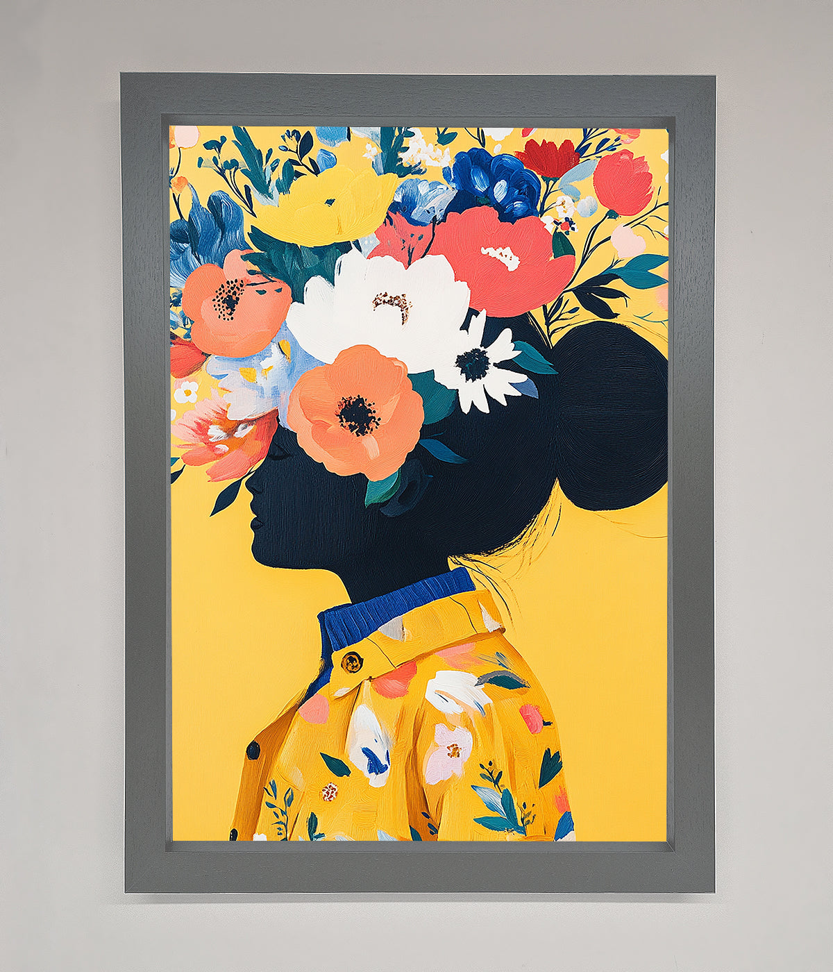 Floral Explosion Yellow framed print with vibrant colors and elegant frame.