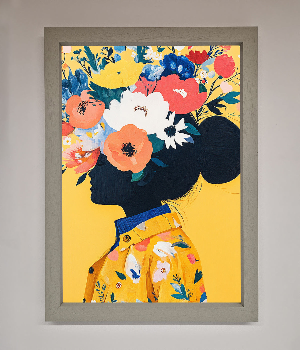 Floral Explosion Yellow framed print with vibrant flowers and elegant frame.