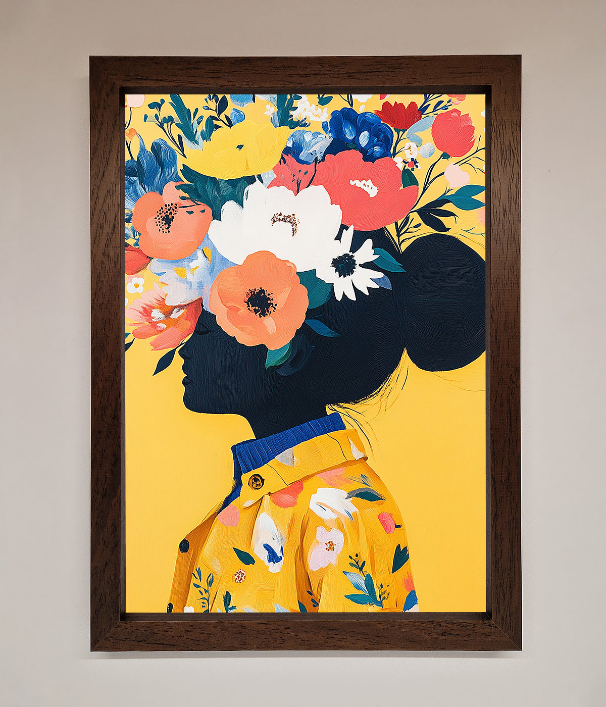 Floral Explosion Yellow Framed Print with vibrant flowers on a yellow background.