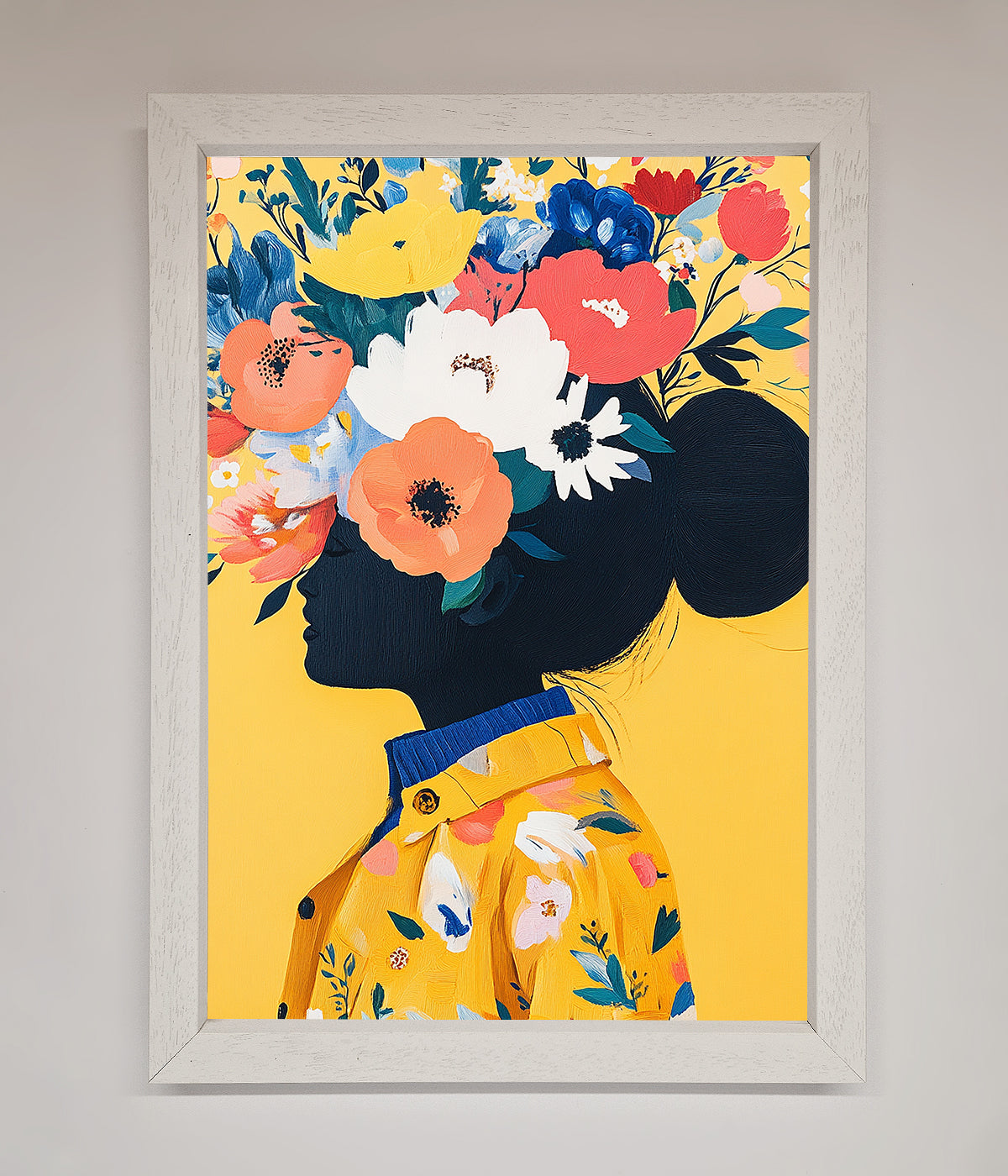 Floral Explosion Yellow framed print with vibrant flower design on a yellow background.