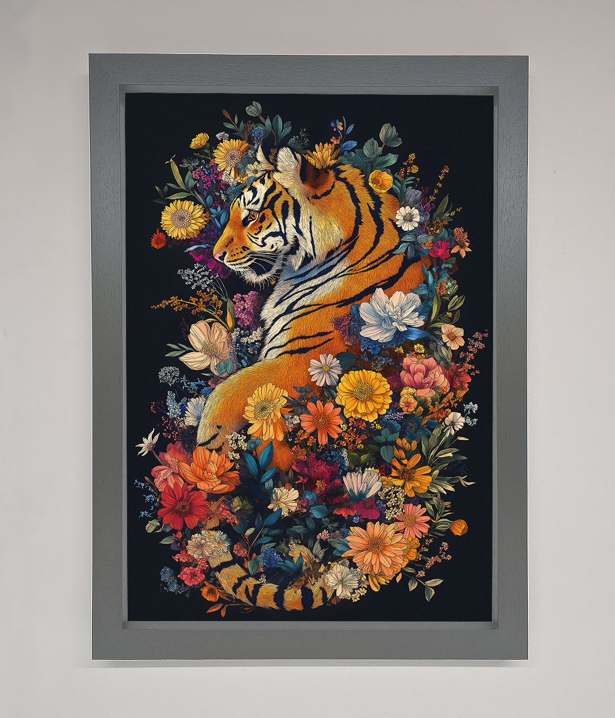 Floral Garden Tiger framed wall art with vibrant flowers and tiger design.