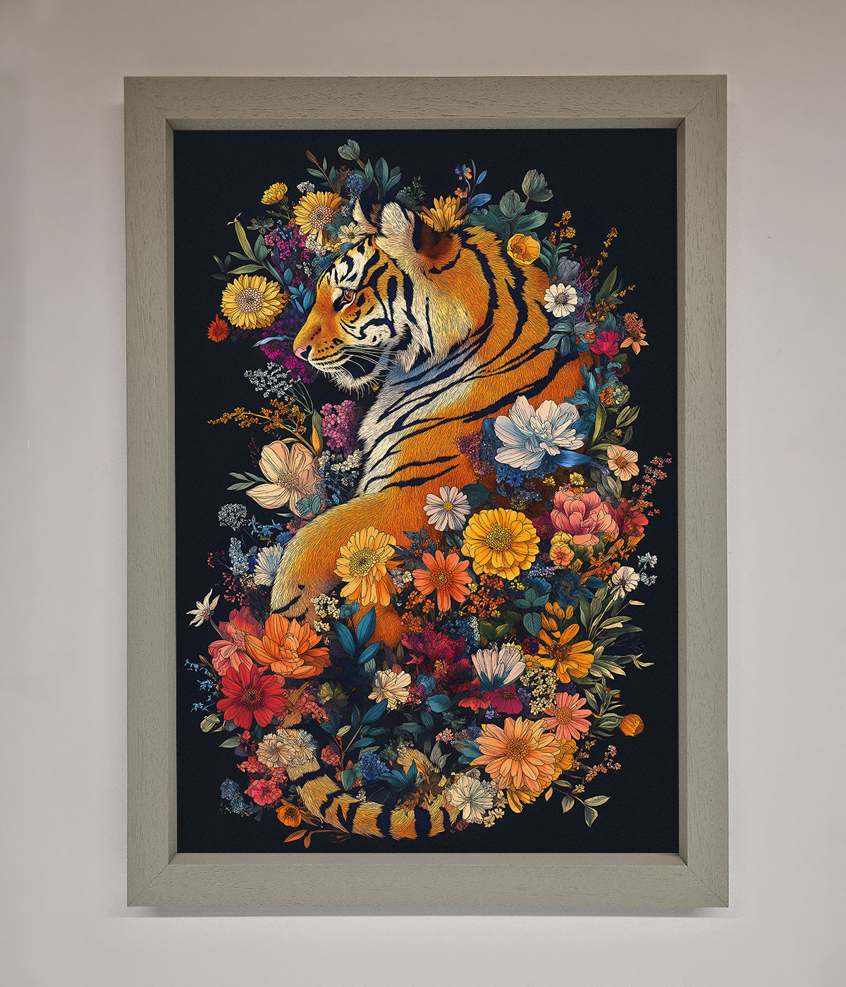 Floral Garden Tiger Framed Wall Art with intricate wildlife and nature design.