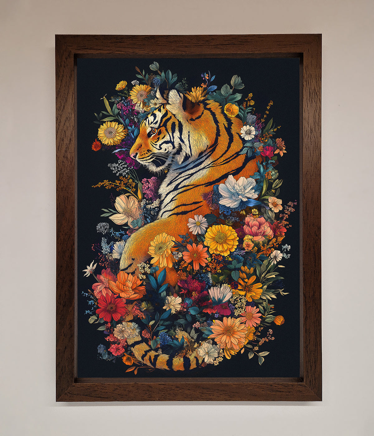 Floral Garden Tiger Framed Wall Art featuring a tiger surrounded by colorful flowers.