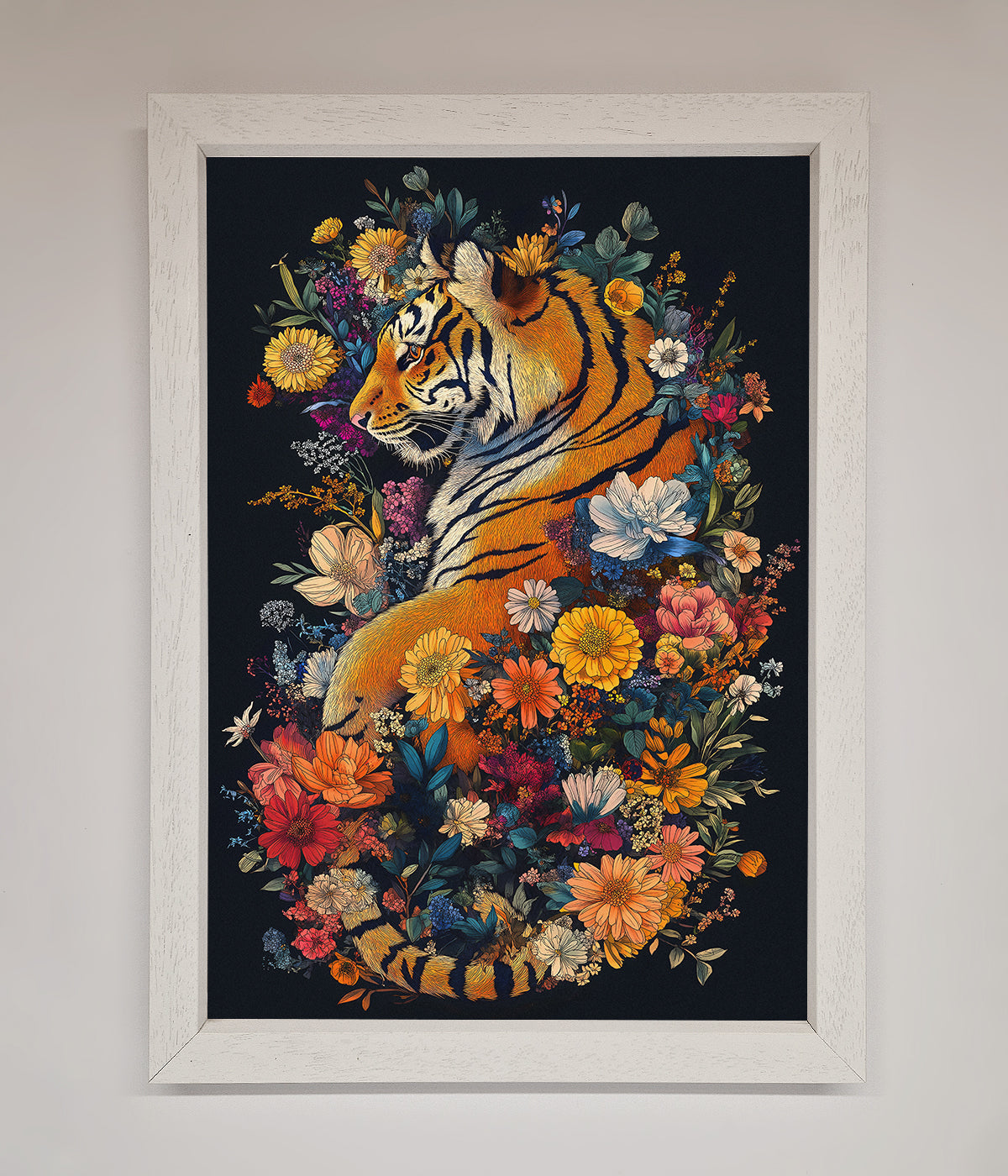 Floral Garden Tiger Framed Wall Art featuring intricate nature and wildlife design.