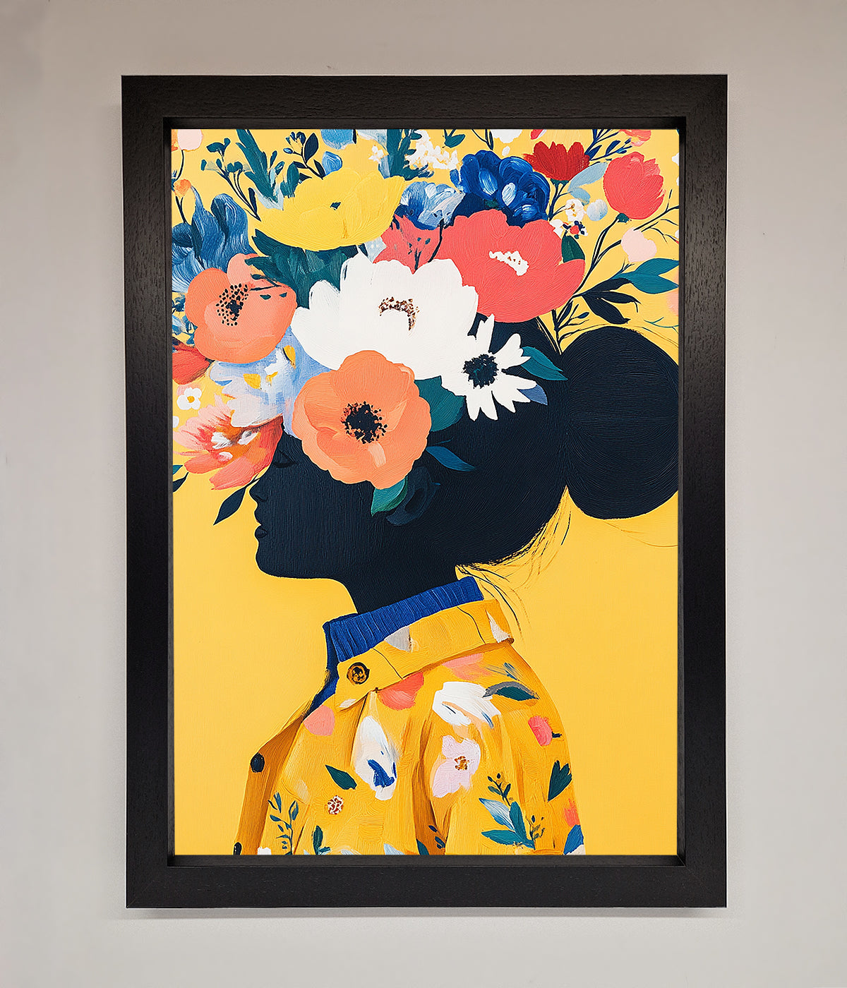 Floral Explosion Yellow Framed Print with vibrant colors and elegant framing.