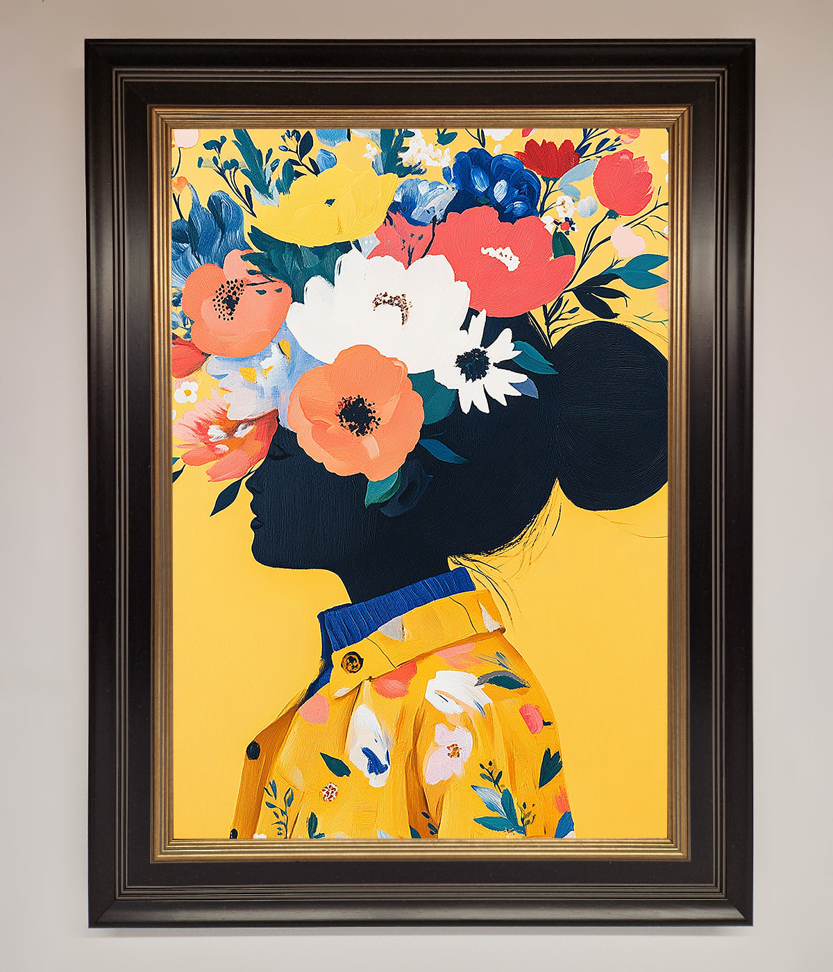 Floral Explosion Yellow Framed Print with vibrant floral design in elegant frame.