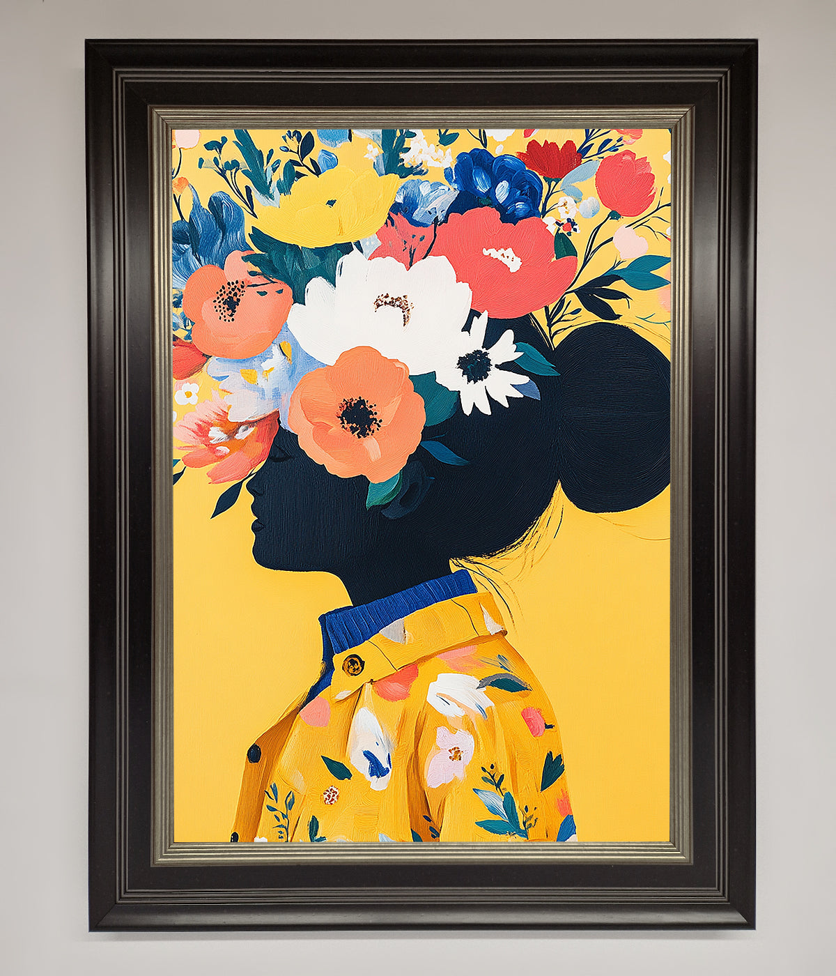 Floral Explosion Yellow Framed Print with vibrant flowers and elegant frame.