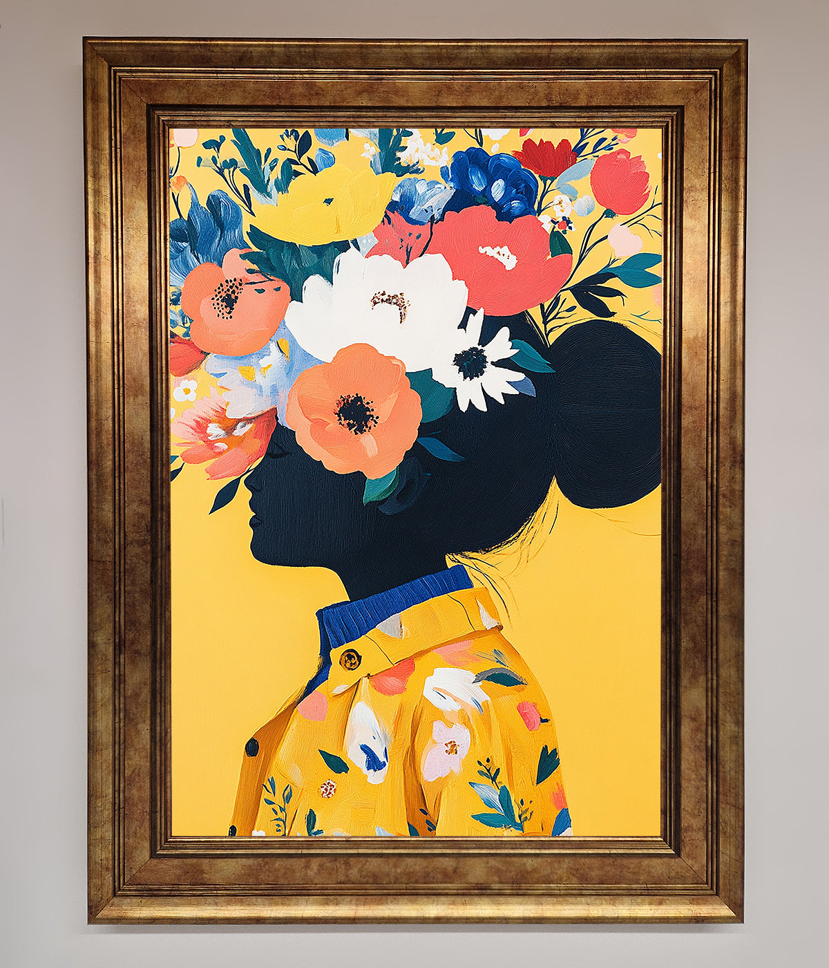 Floral Explosion Yellow framed print with vibrant flowers and elegant frame.