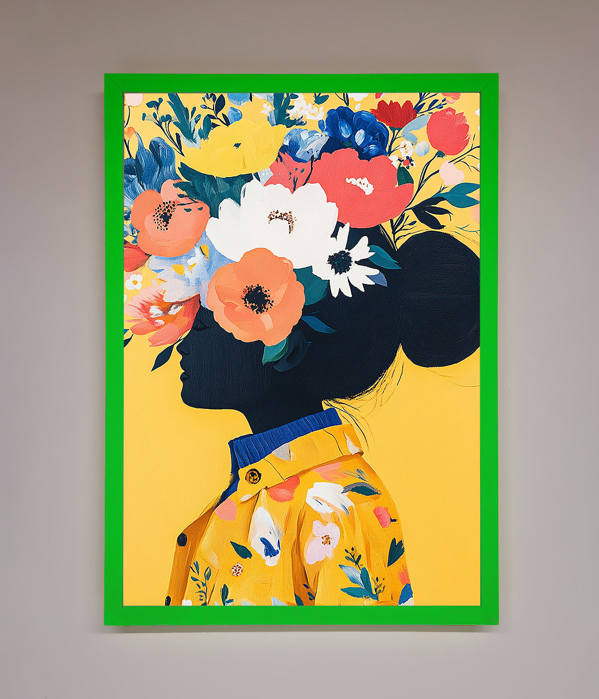 Floral Explosion Yellow Framed Print with vibrant flowers in a green frame, enhancing interior decor.