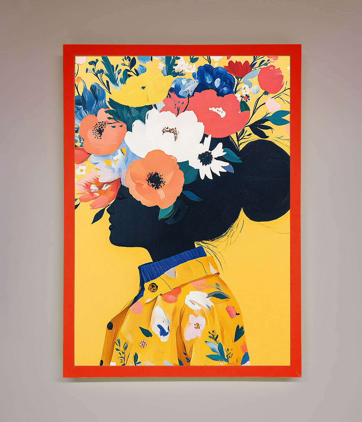 Floral Explosion Yellow framed print with vibrant floral design.