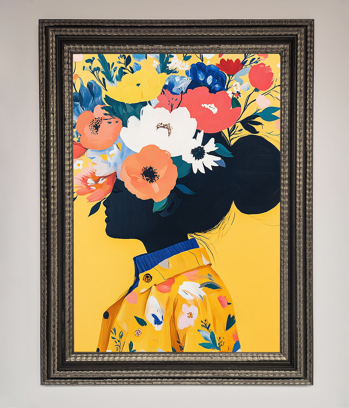 Floral Explosion Yellow Framed Print featuring vibrant floral design in elegant frame.